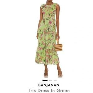 Banjanan Jubilee Pistachio Green Floral Iris Smocked Midi Dress Cotton Voile S